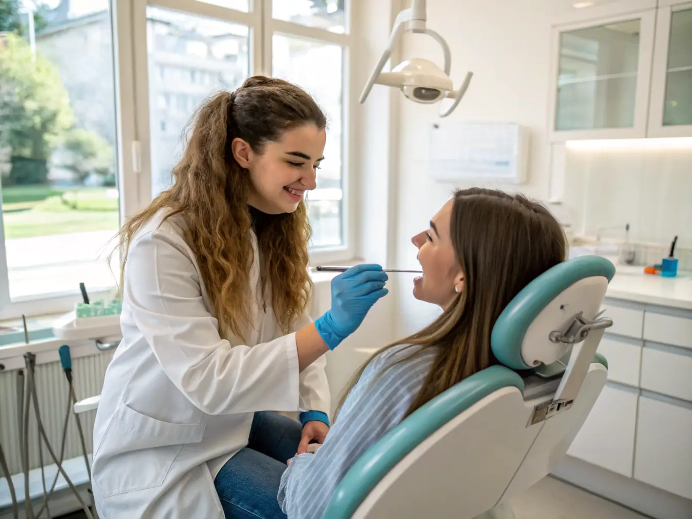 An image showing Erin Haskell coordinating patient appointments and managing communications in a busy dental office setting.